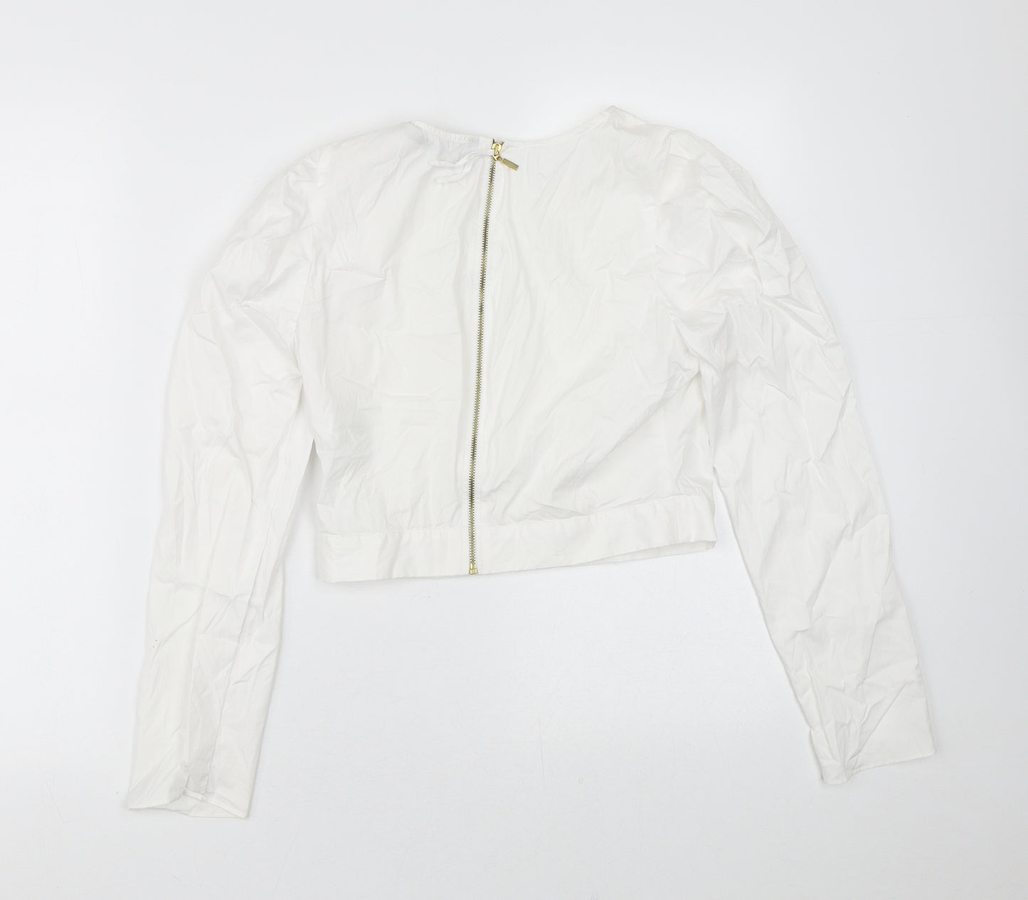 Zara Womens White  Cotton Cropped Blouse Size M Round Neck - Zip Back