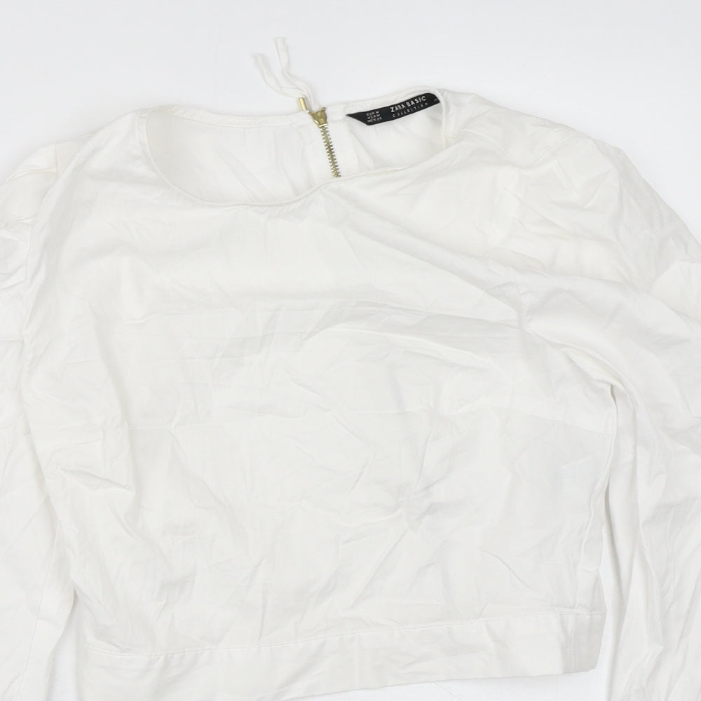 Zara Womens White  Cotton Cropped Blouse Size M Round Neck - Zip Back