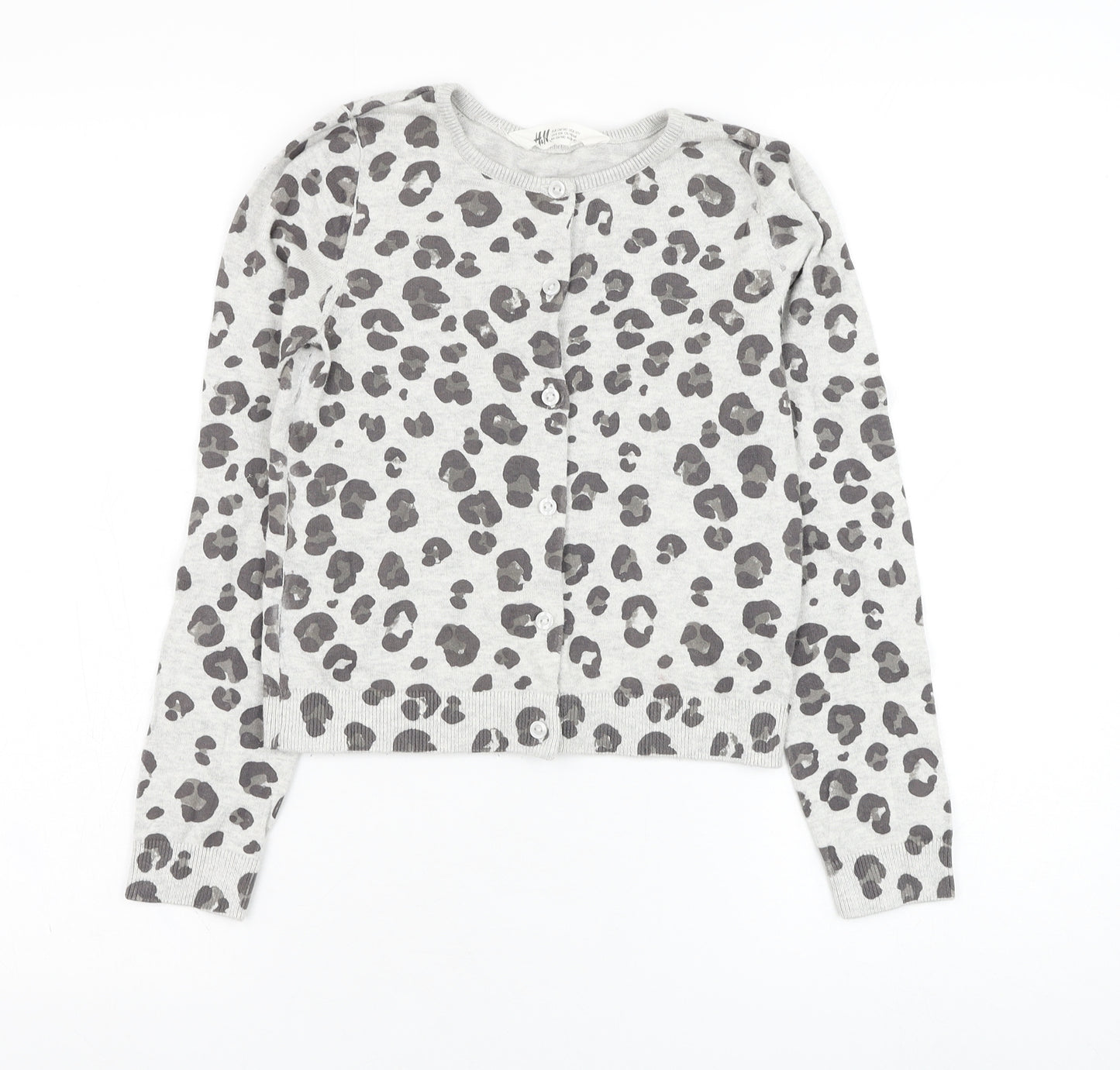 H&M Girls Grey Round Neck Animal Print Cotton Cardigan Jumper Size 9-10 Years  Button