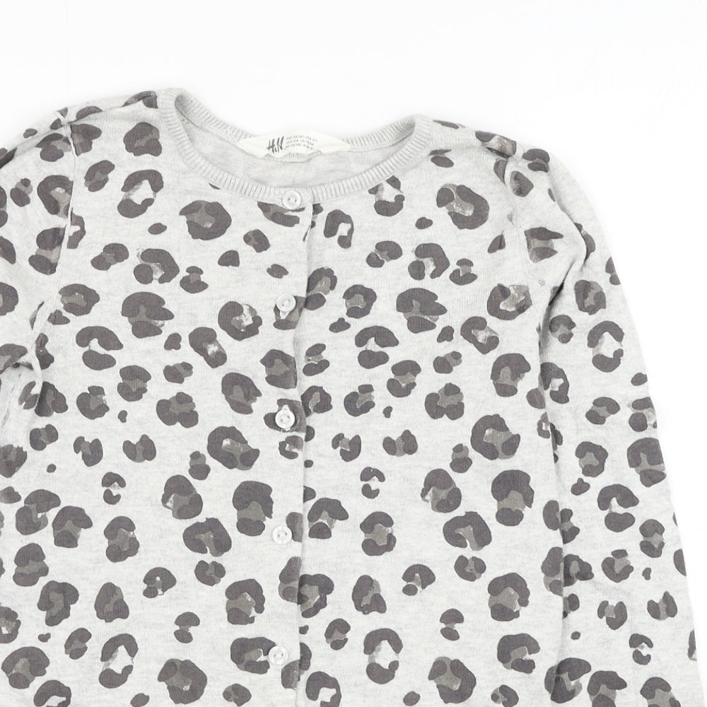H&M Girls Grey Round Neck Animal Print Cotton Cardigan Jumper Size 9-10 Years  Button