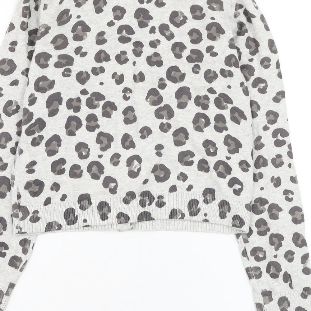 H&M Girls Grey Round Neck Animal Print Cotton Cardigan Jumper Size 9-10 Years  Button