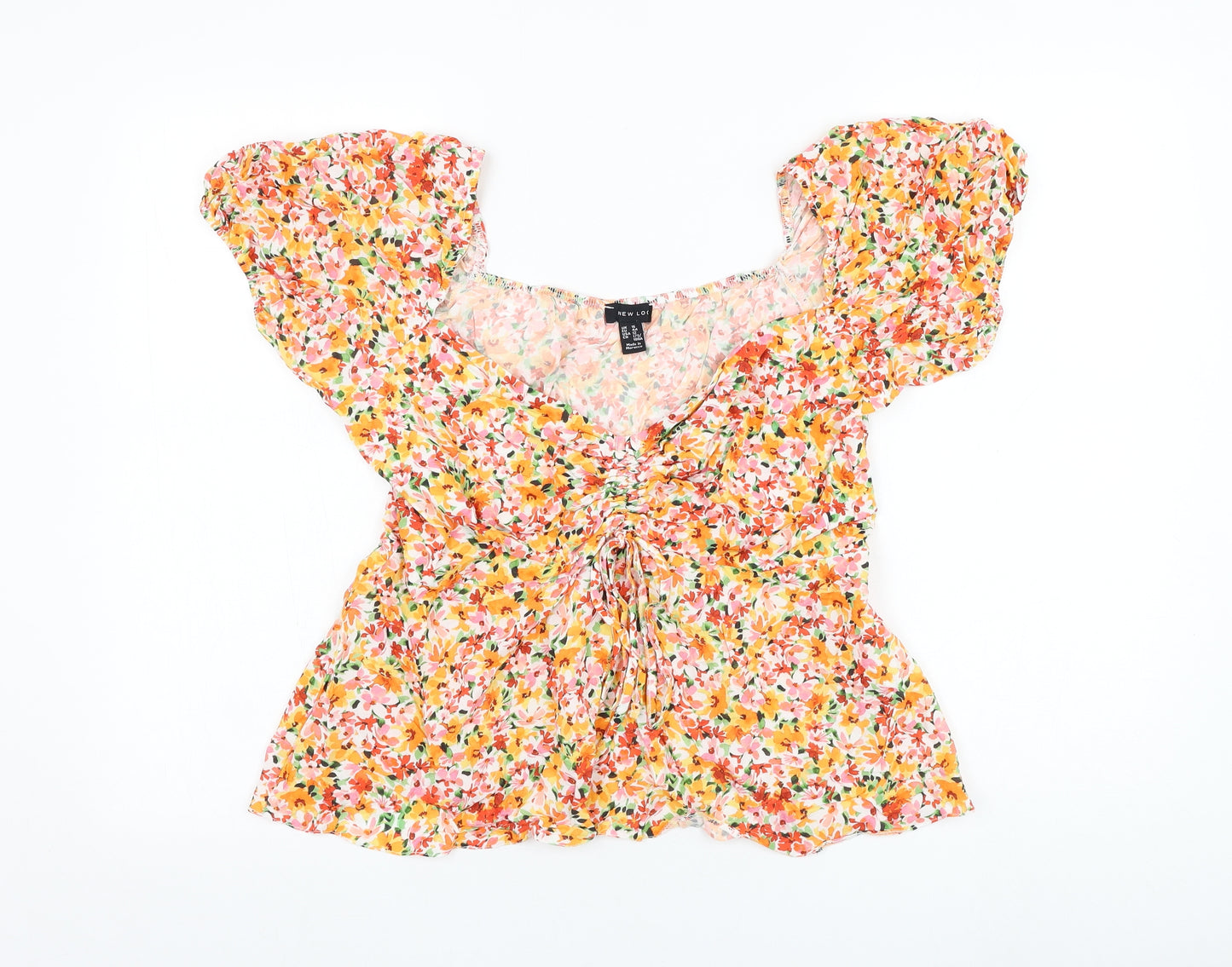 New Look Womens Orange Floral Viscose Cropped Blouse Size 16 V-Neck