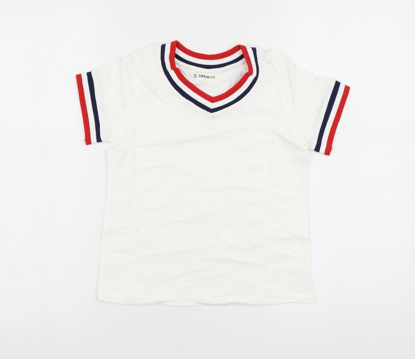 SheIn Girls White  Cotton  T-Shirt Size 10-11 Years V-Neck Pullover