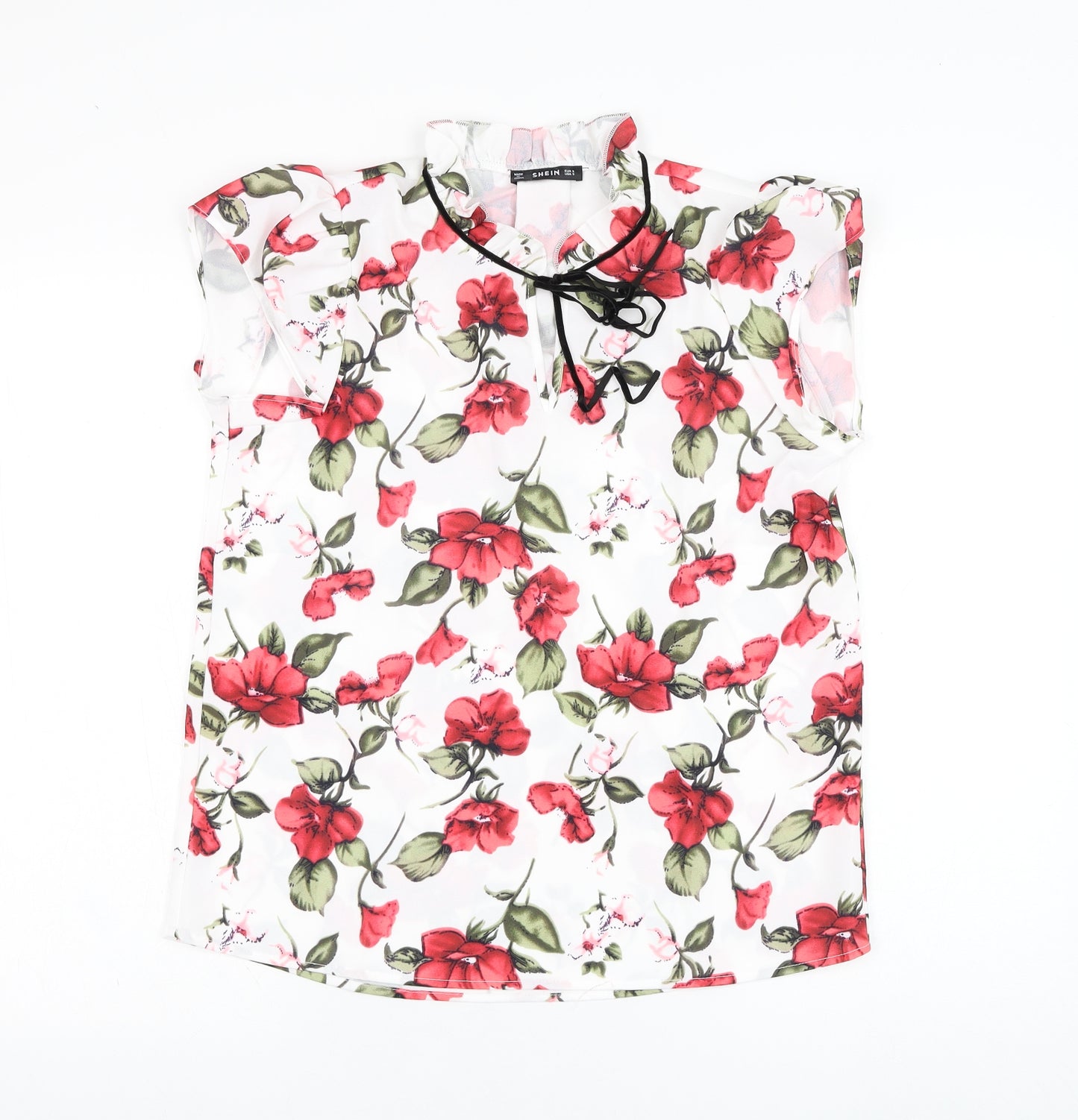SheIn Womens White Floral Polyester Basic Blouse Size S Round Neck