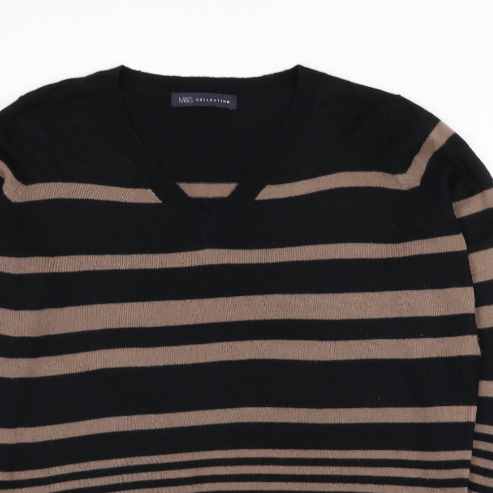Marks and Spencer Womens Black V-Neck Striped Acrylic Pullover Jumper Size 12