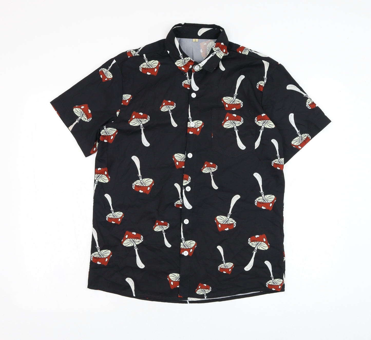 SheIn Mens Black  Polyester  Button-Up Size S Collared Button - Mushroom