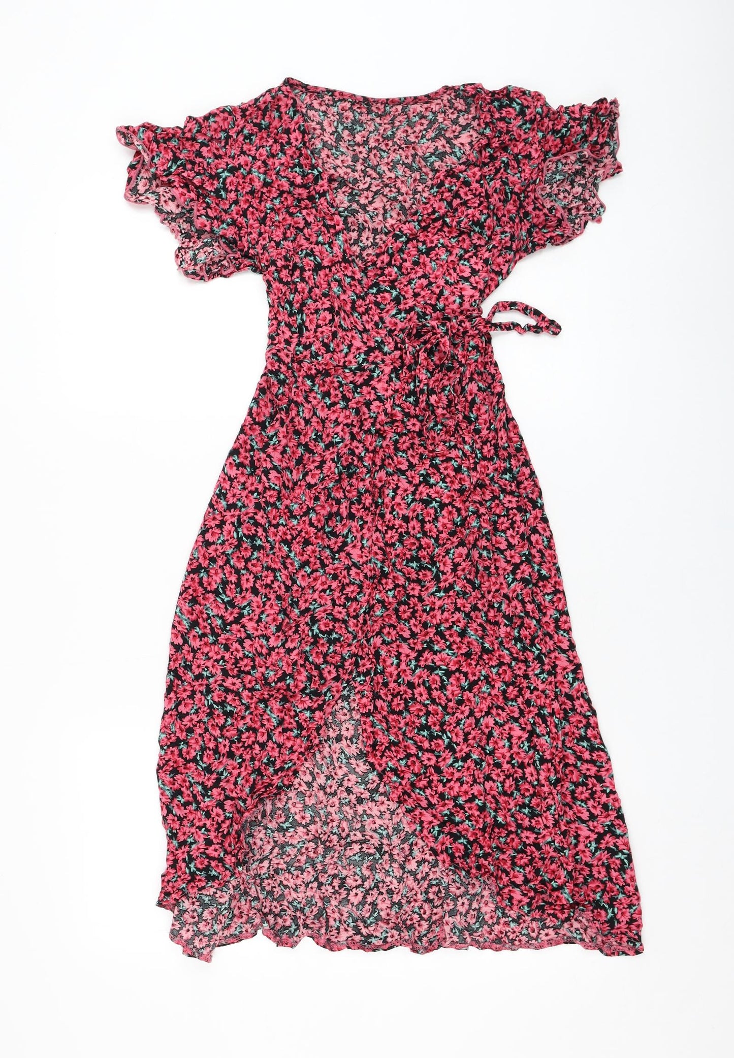 SheIn Womens Black Floral Polyester Wrap Dress  Size 8  V-Neck Tie