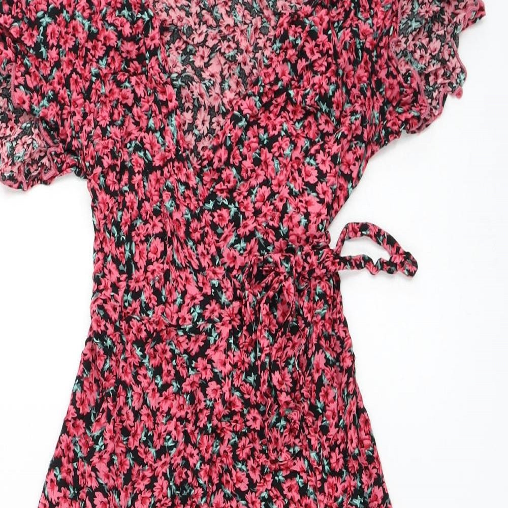 SheIn Womens Black Floral Polyester Wrap Dress  Size 8  V-Neck Tie