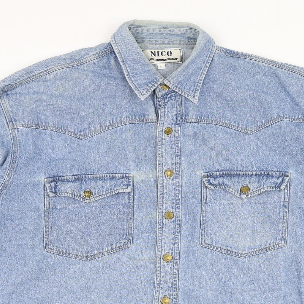 Nico Mens Blue  Cotton  Button-Up Size L Collared Button