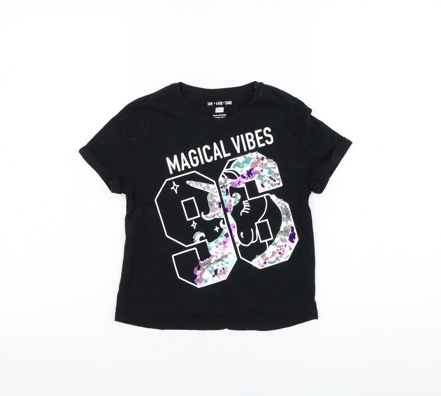 F&F Girls Black  Cotton Basic T-Shirt Size 7-8 Years Round Neck Pullover - Unicorn