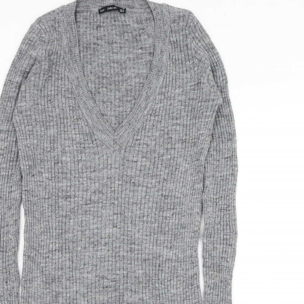 Zara Womens Grey V-Neck  Polyester Pullover Jumper Size S