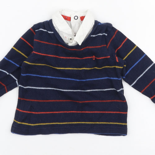 Jasper Conran Boys Blue Striped 100% Cotton Pullover Jumper Size 3-6 Months  Snap