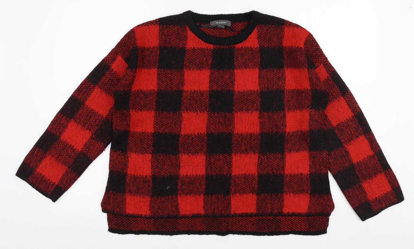 Primark Womens Red Round Neck Check Acrylic Pullover Jumper Size XS