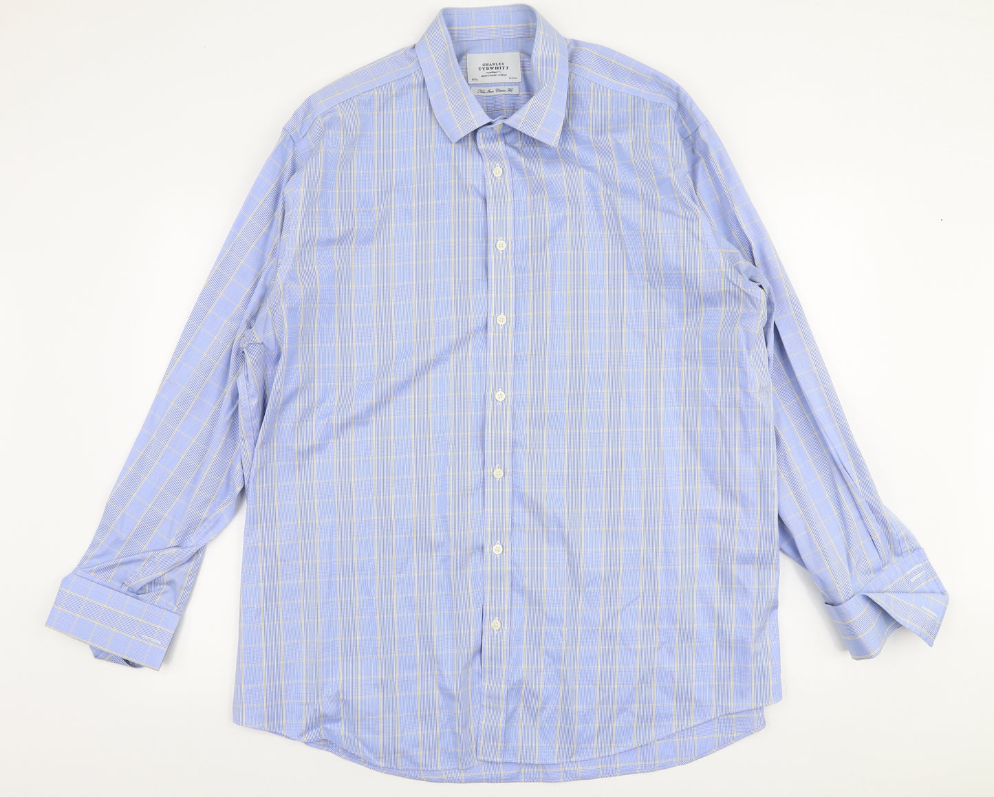 Charles Tyrwhitt Mens Blue Plaid Cotton  Button-Up Size 18 Collared Button