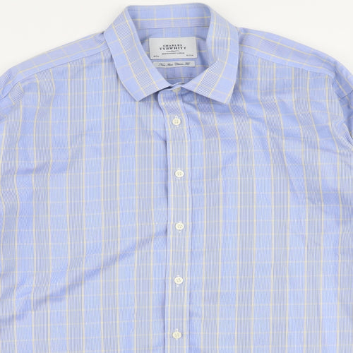 Charles Tyrwhitt Mens Blue Plaid Cotton  Button-Up Size 18 Collared Button