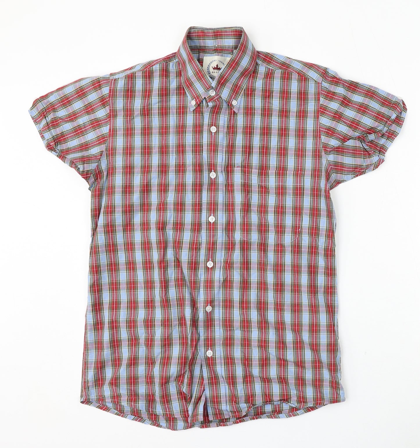 Relco London Mens Red Plaid Cotton  Button-Up Size S Collared Button