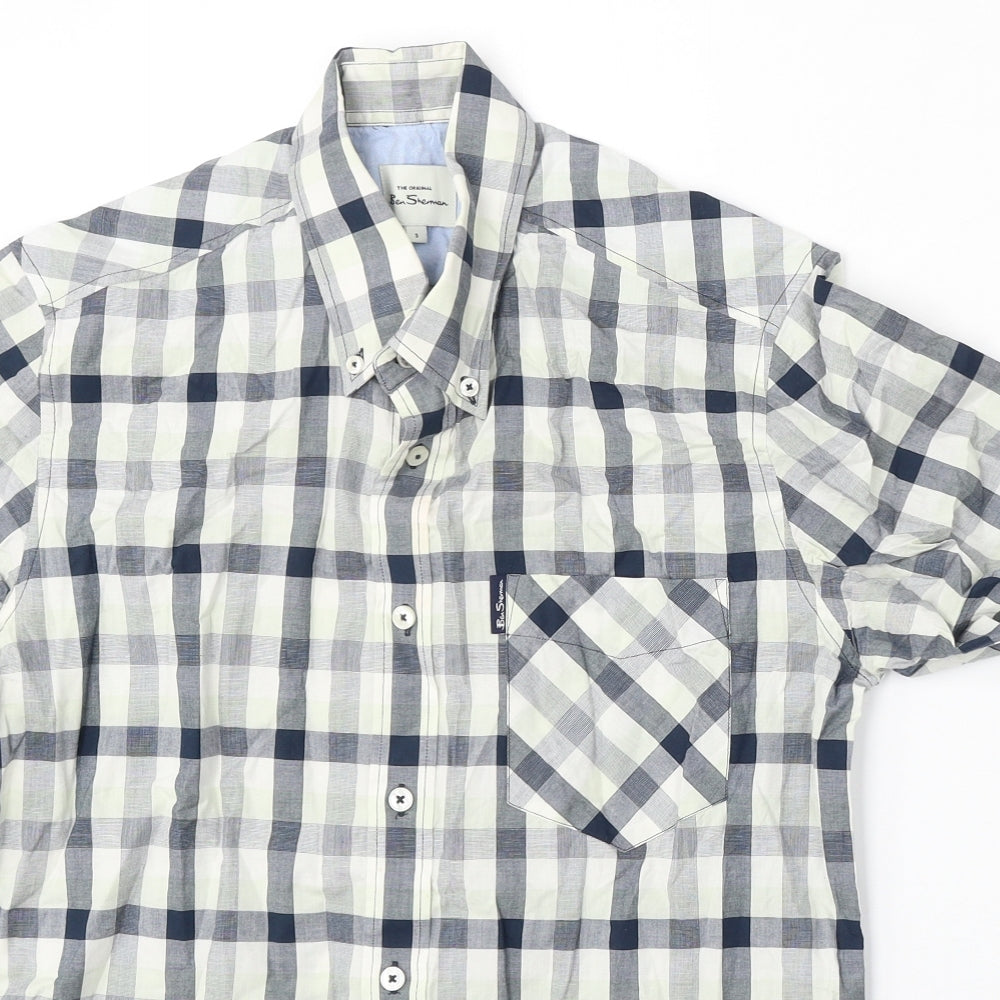 Ben Sherman Mens White Plaid Cotton  Button-Up Size S Collared Button