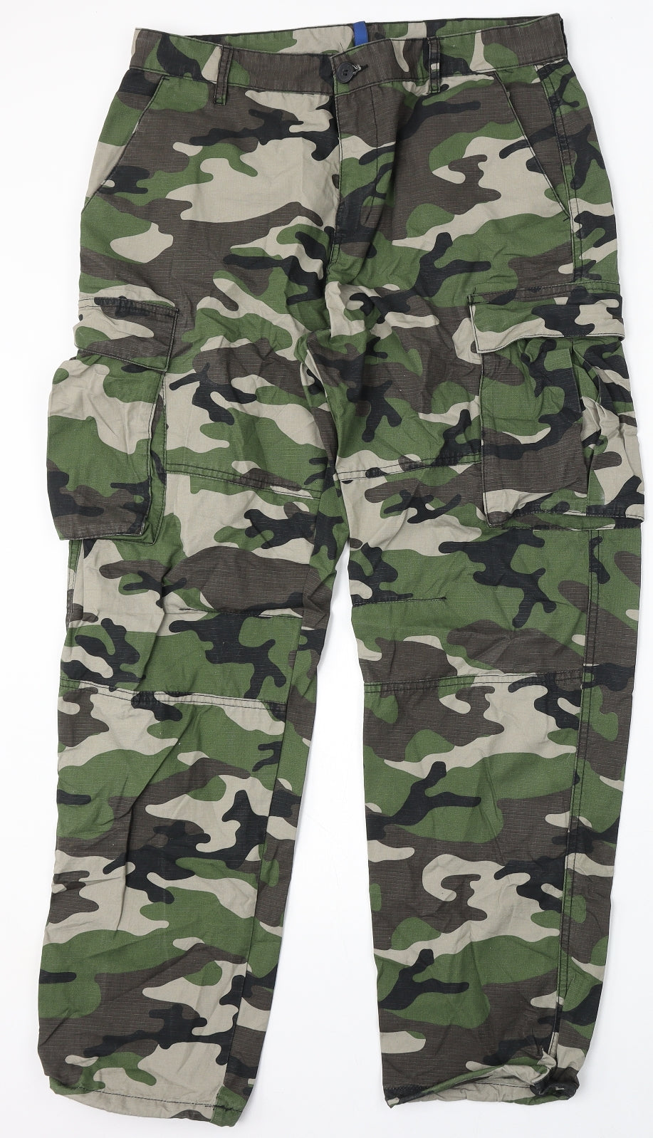 H&M Mens Green Camouflage Cotton Cargo Trousers Size 31 L31 in Regular Button