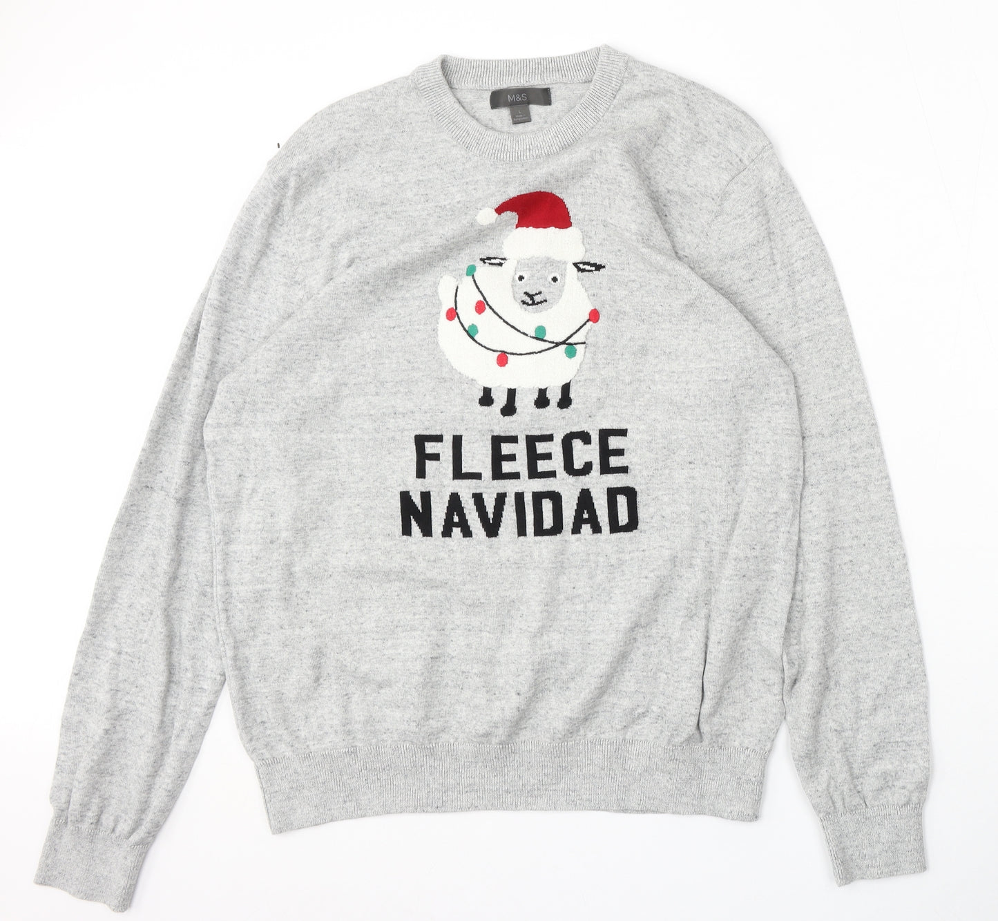 Marks and Spencer Mens Grey Round Neck  Cotton Pullover Jumper Size L   - christmas