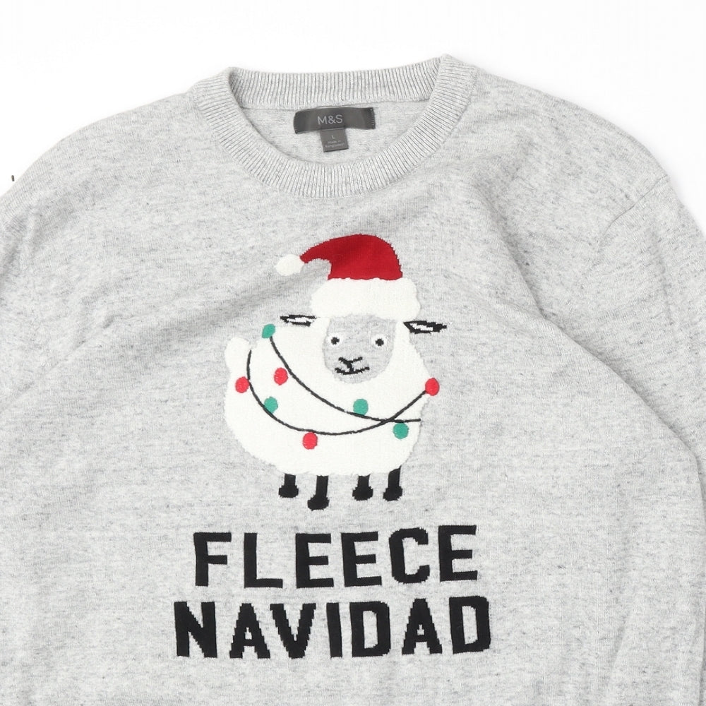 Marks and Spencer Mens Grey Round Neck  Cotton Pullover Jumper Size L   - christmas