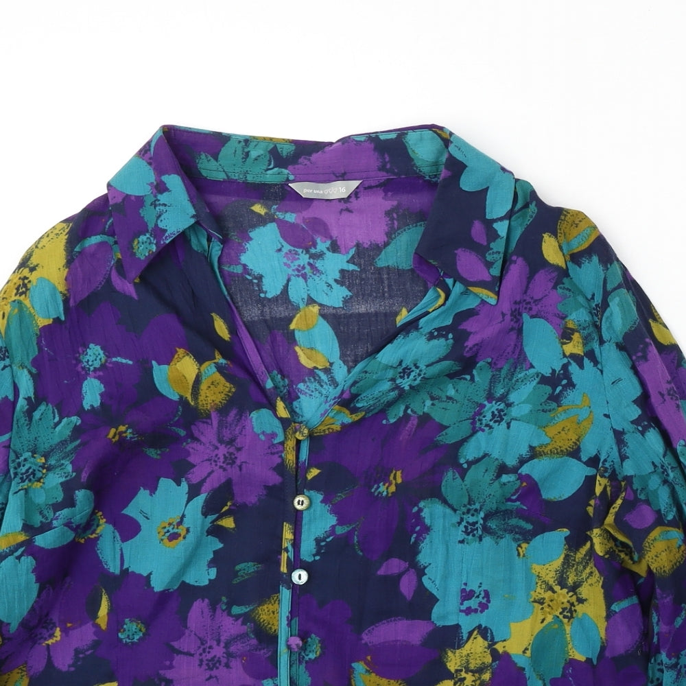 Per Una Womens Multicoloured Floral Cotton Basic Button-Up Size 16 Collared