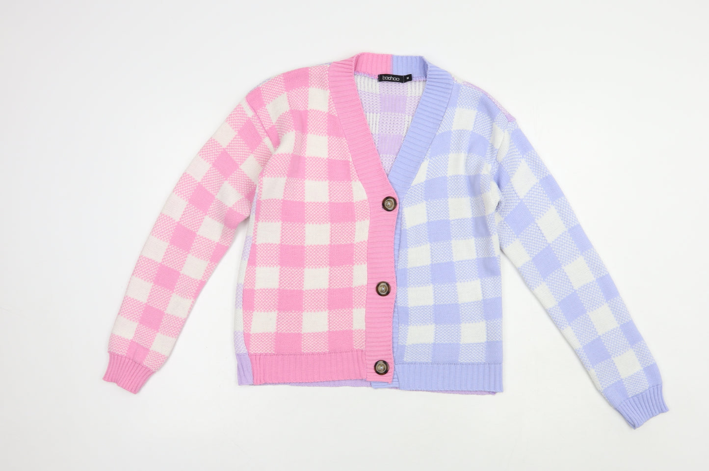 Boohoo Womens Multicoloured V-Neck Check Acrylic Cardigan Jumper Size M