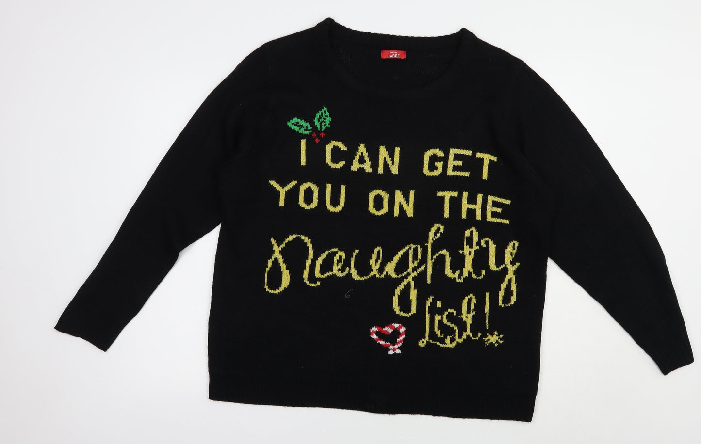 Ladies Womens Black Boat Neck  Acrylic Pullover Jumper Size L   - Christmas Jumper