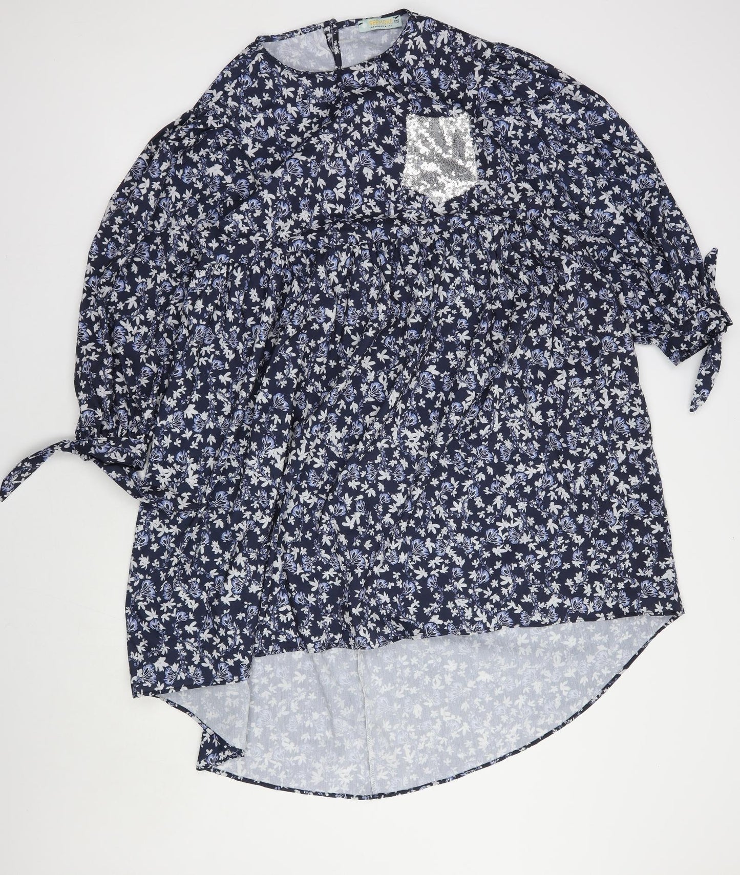 Seemore Womens Blue Floral Cotton A-Line  Size L  Round Neck Button