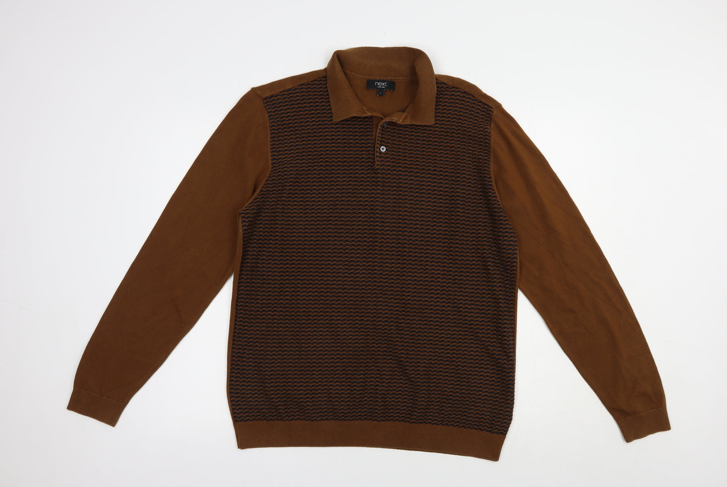 NEXT Mens Brown Collared Geometric Cotton Pullover Jumper Size L