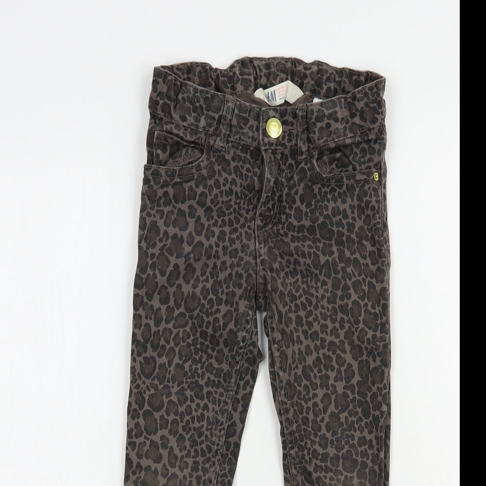 H&M Girls Brown Animal Print Cotton Skinny Jeans Size 3-4 Years  Regular Snap
