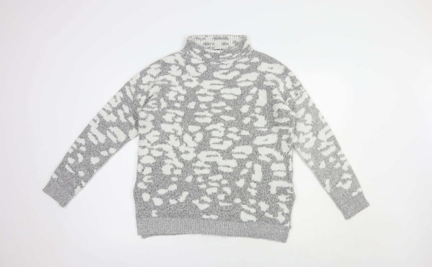 F&F Womens Grey Mock Neck Animal Print Acrylic Pullover Jumper Size 12