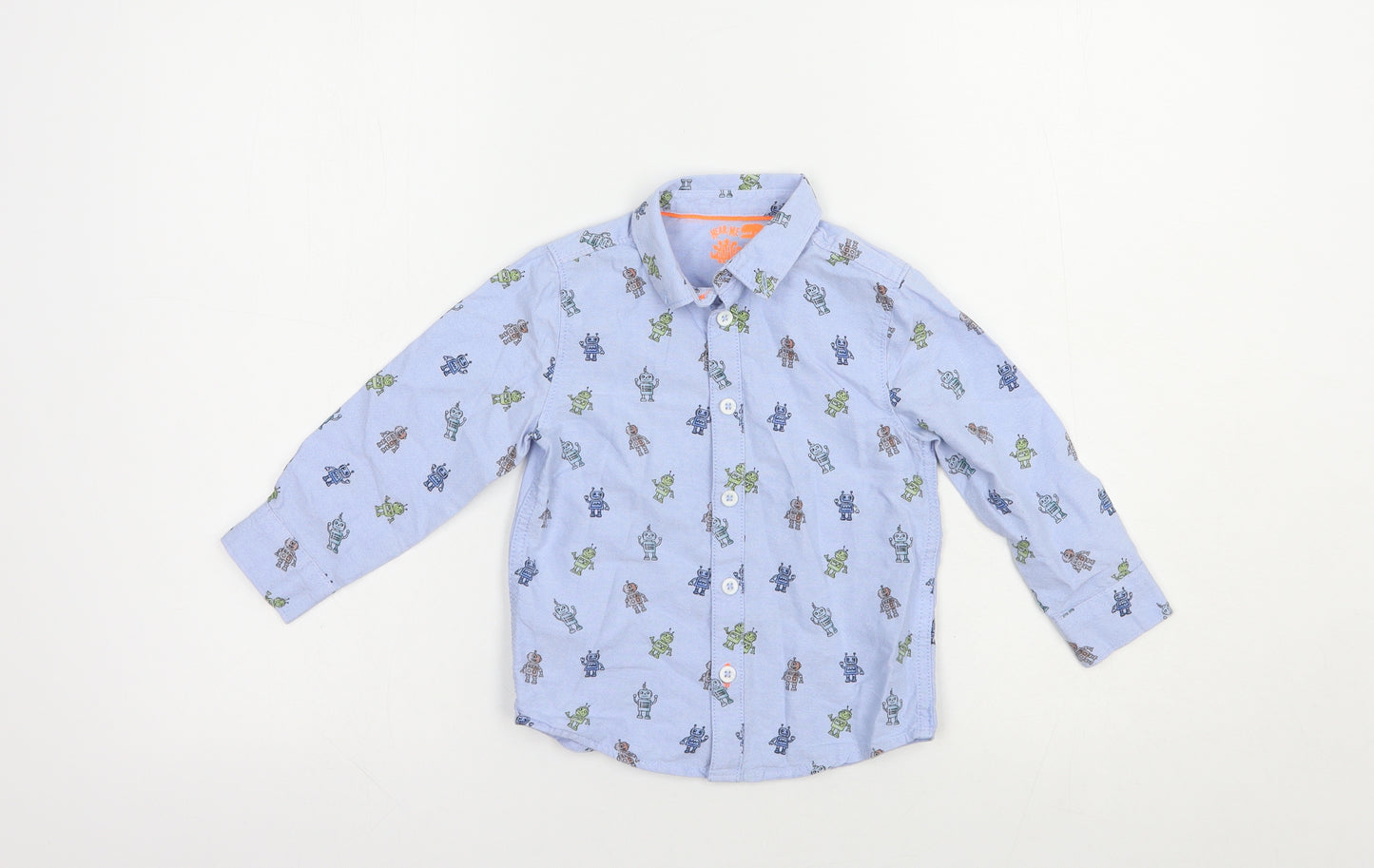 F&F Boys Blue Geometric Cotton Basic Button-Up Size 2-3 Years Collared Button - Robot Print