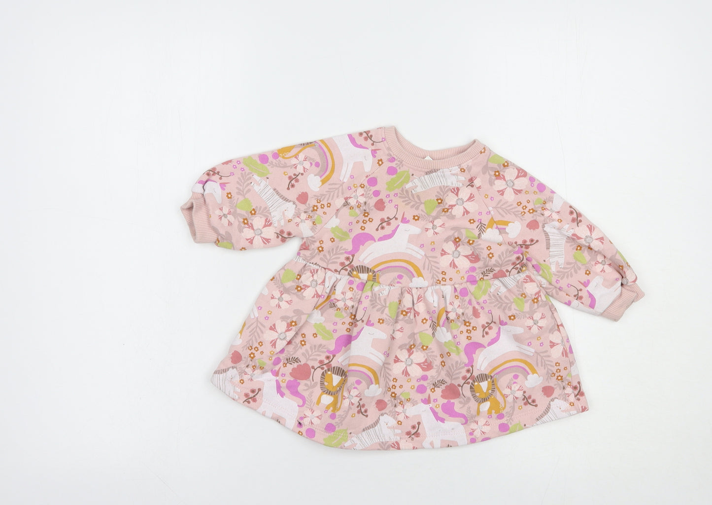 NEXT Baby Pink Floral Cotton Fit & Flare  Size 6-9 Months  Crew Neck Pullover - Unicorn Print