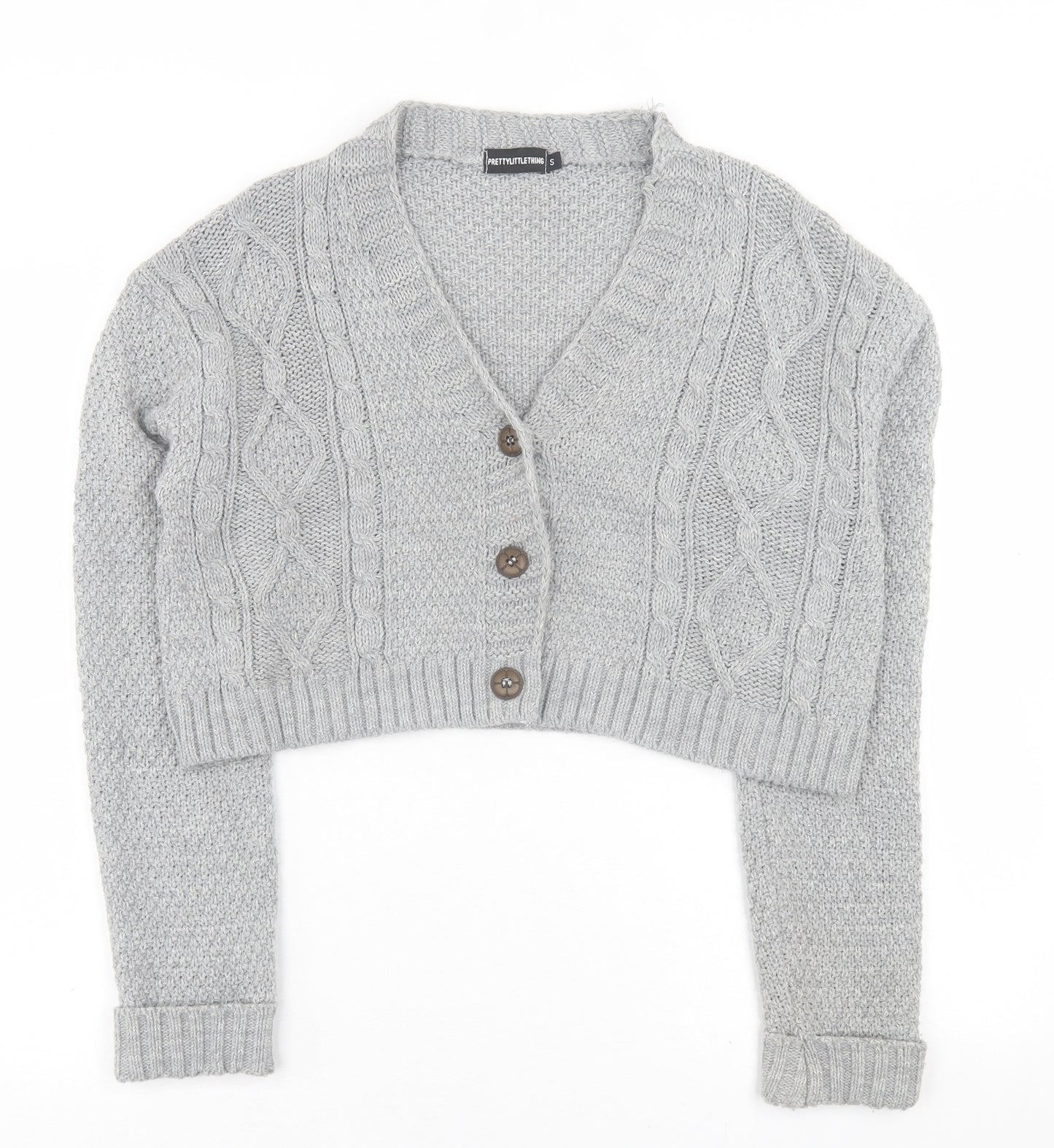 PRETTYLITTLETHING Womens Grey V-Neck  Acrylic Cardigan Jumper Size S