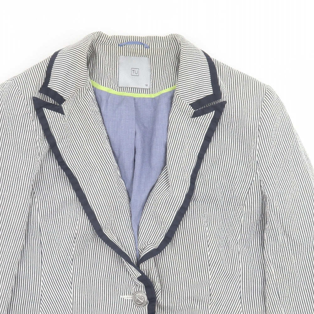 TU Womens Blue Striped  Jacket Blazer Size 16  Button
