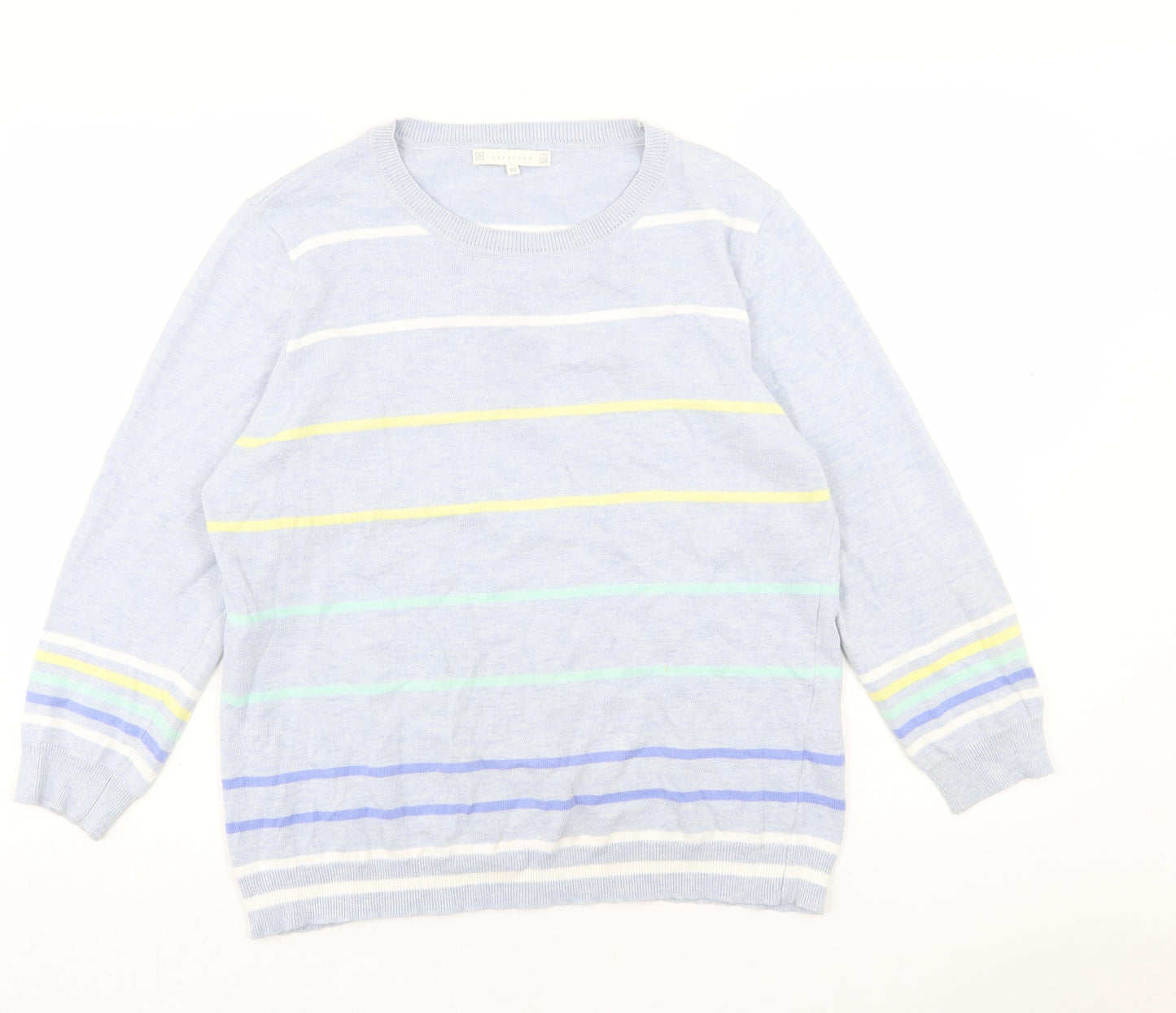 Lakeland Womens Blue Crew Neck Striped Cotton Pullover Jumper Size 16