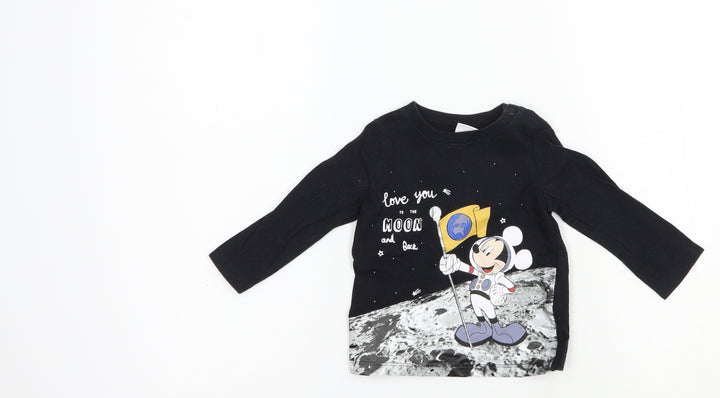 F&F Baby Black Cotton Pullover T-Shirt Size 6-9 Months Crew Neck Snap - Mickey Mouse