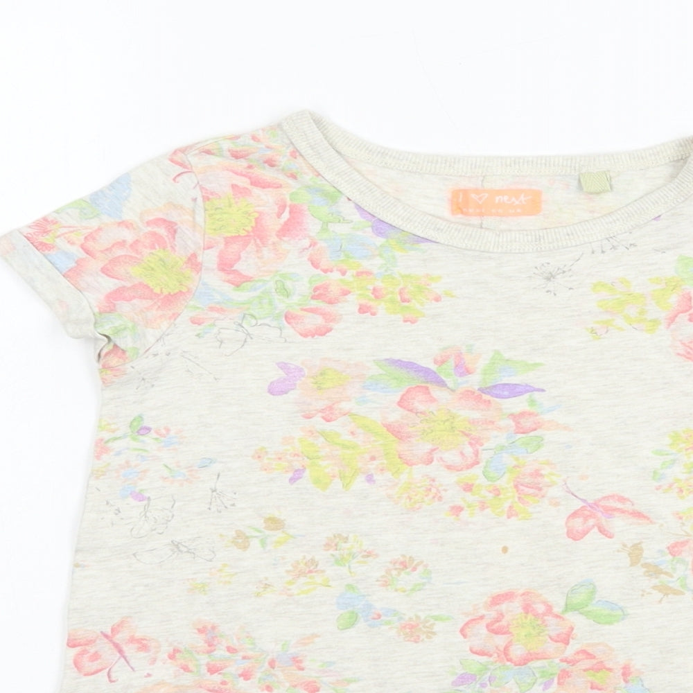 NEXT Girls Grey Floral Cotton Basic T-Shirt Size 6 Years Crew Neck Pullover