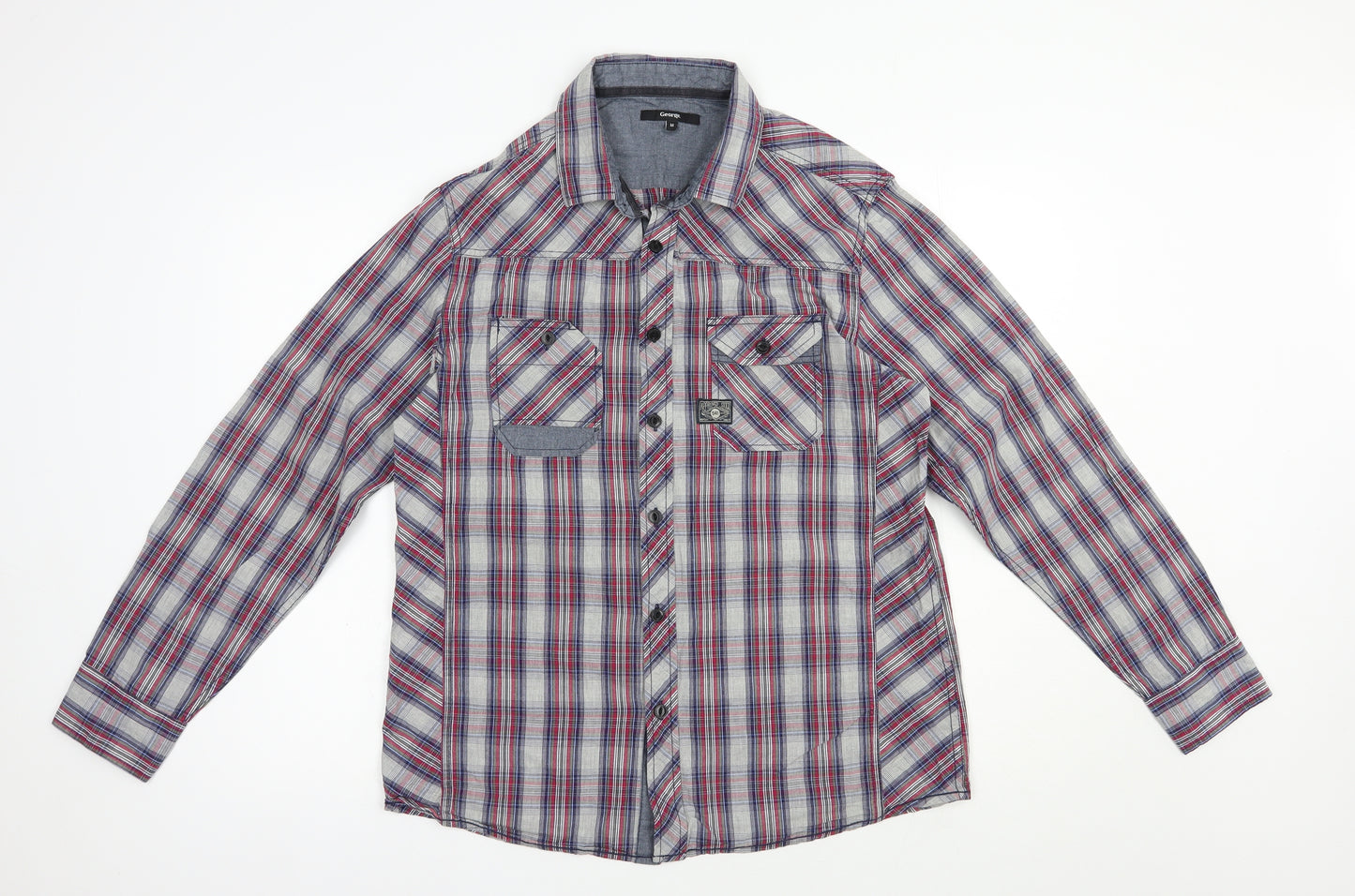 George Mens Blue Plaid Cotton  Button-Up Size M Collared Button