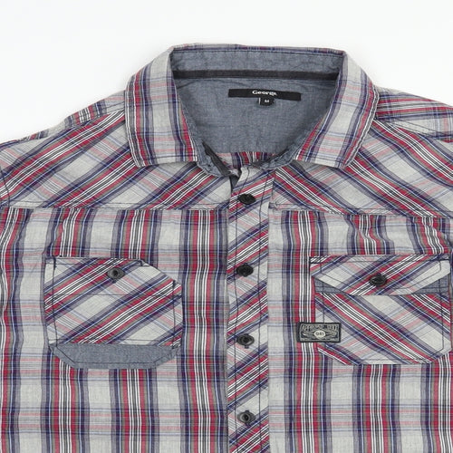 George Mens Blue Plaid Cotton  Button-Up Size M Collared Button