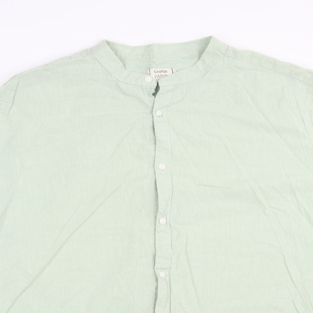 George Mens Green  Linen  Button-Up Size 2XL Mock Neck Button