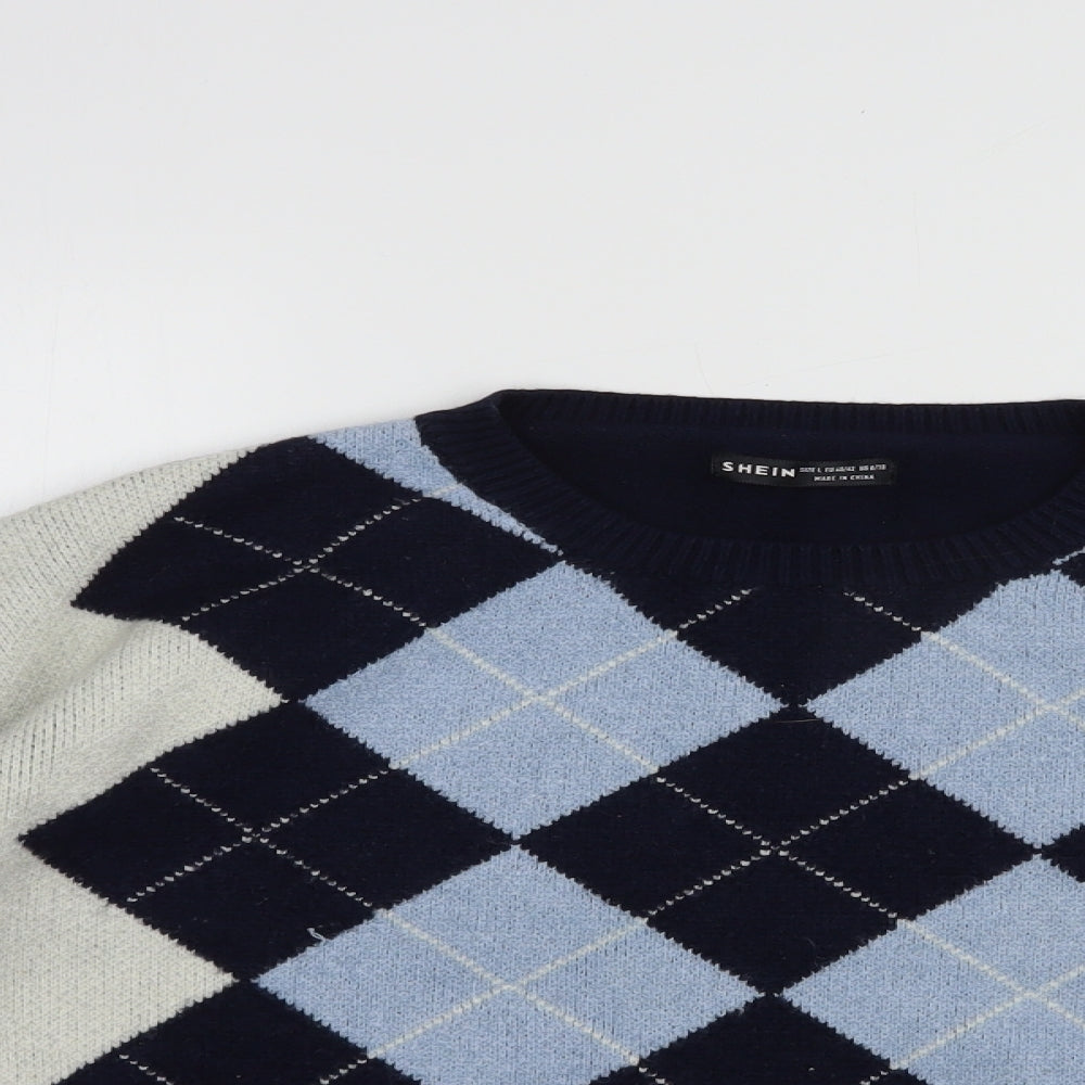 SheIn Womens Blue Crew Neck Argyle/Diamond Acrylic Pullover Jumper Size L