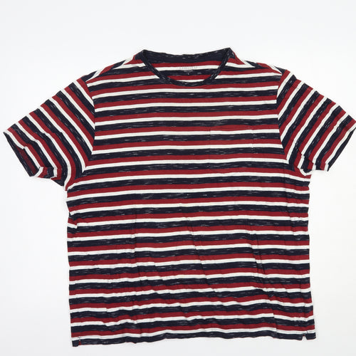 Marks and Spencer Mens Red Striped Cotton  T-Shirt Size L Crew Neck