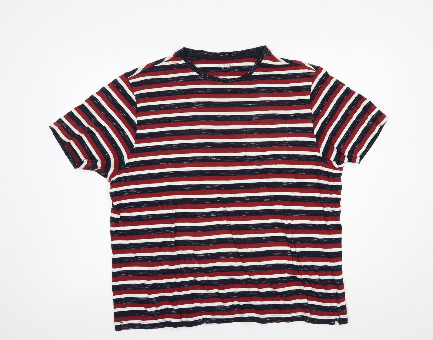 Marks and Spencer Mens Red Striped Cotton  T-Shirt Size L Crew Neck
