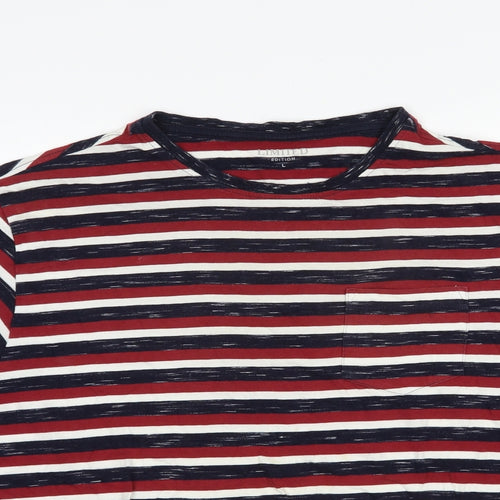 Marks and Spencer Mens Red Striped Cotton  T-Shirt Size L Crew Neck