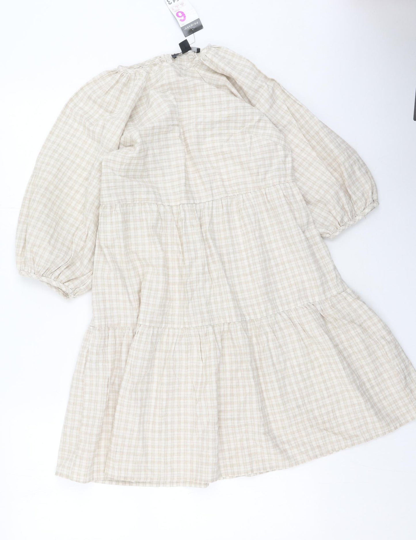 Primark Womens Beige Plaid Cotton Fit & Flare  Size 6  Round Neck