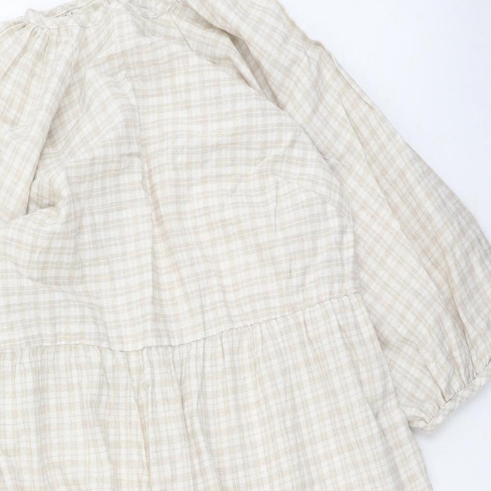 Primark Womens Beige Plaid Cotton Fit & Flare  Size 6  Round Neck
