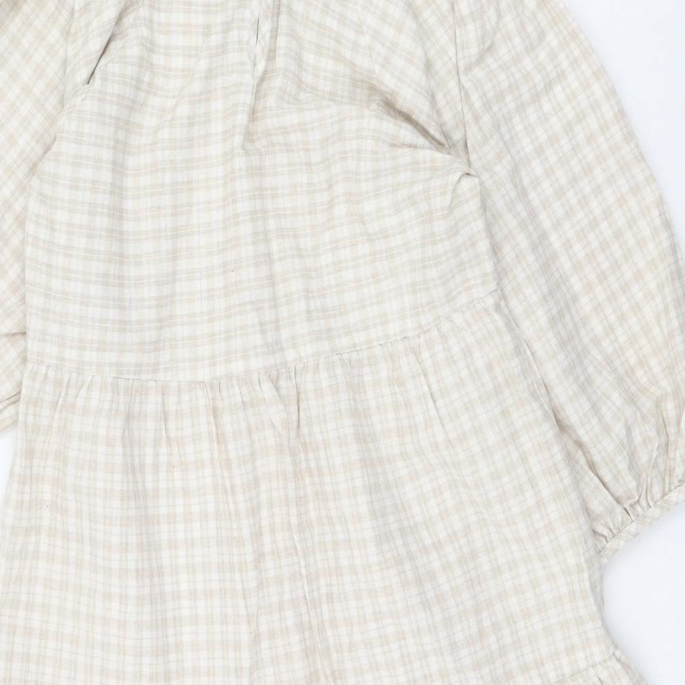 Primark Womens Beige Plaid Cotton Fit & Flare  Size 6  Round Neck