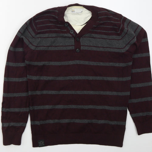 NEXT Mens Red V-Neck Striped Cotton Pullover Jumper Size M   - Burgundy