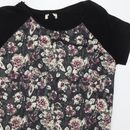 Matalan Womens Black Floral Polyester Basic T-Shirt Size 10 Round Neck